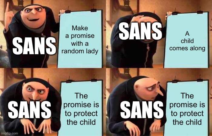 Gru's Plan | Make a promise with a random lady; SANS; A child comes along; SANS; The promise is to protect the child; The promise is to protect the child; SANS; SANS | image tagged in memes,gru's plan | made w/ Imgflip meme maker
