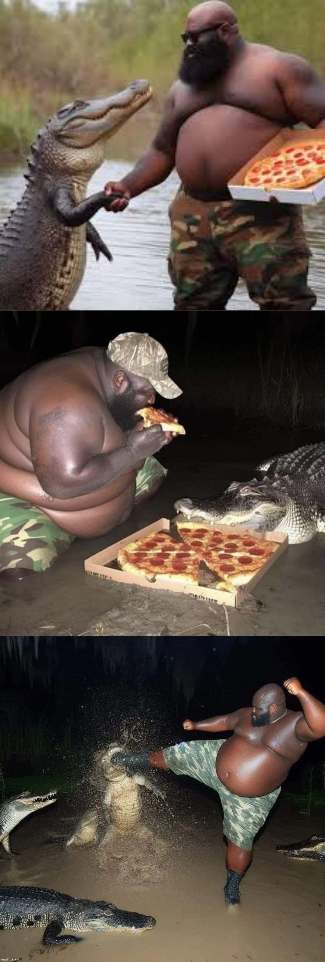 Everything was fine til the pizza ran out | image tagged in gator kick,pizza | made w/ Imgflip meme maker