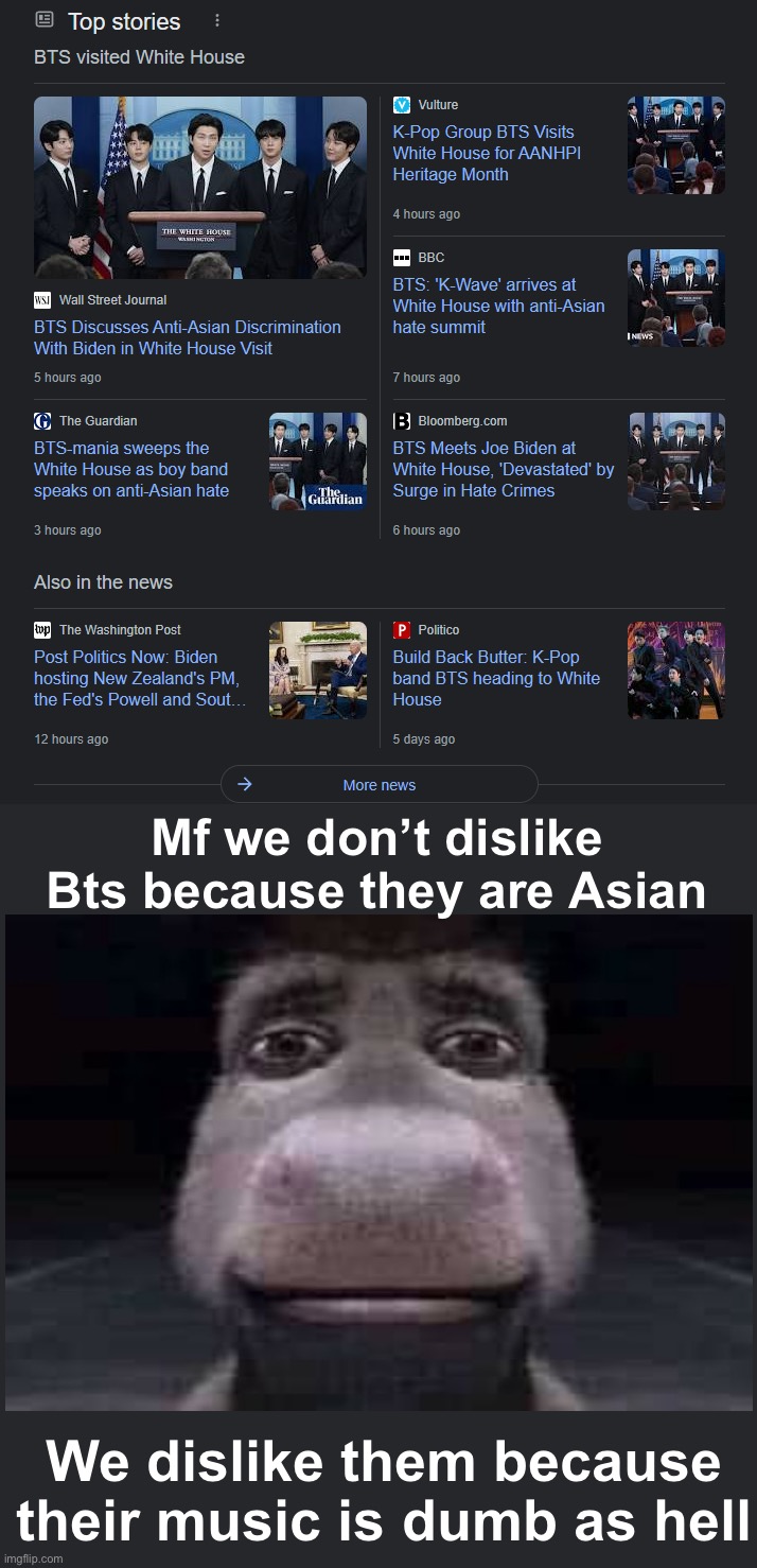 Mf we don’t dislike Bts because they are Asian; We dislike them because their music is dumb as hell | made w/ Imgflip meme maker