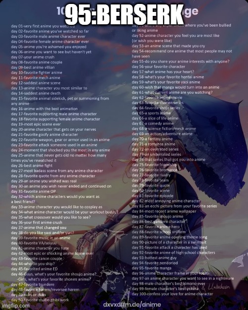 100 day anime challenge | 95:BERSERK | image tagged in 100 day anime challenge | made w/ Imgflip meme maker