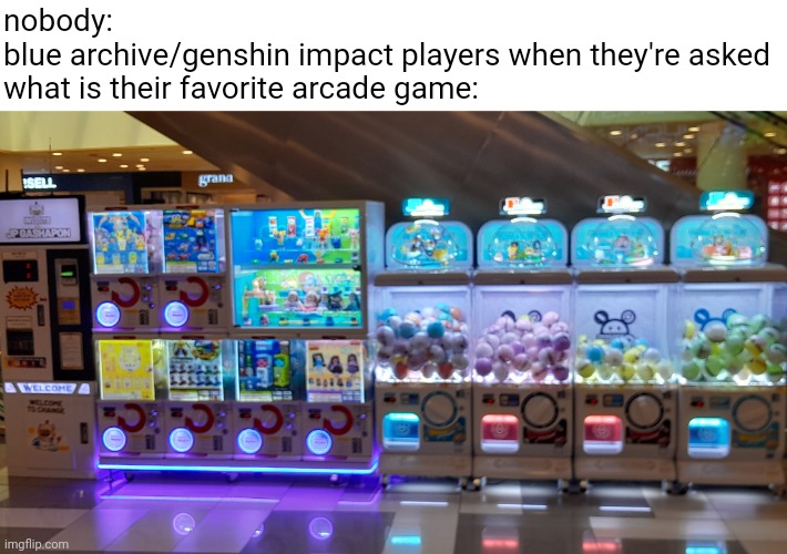as a blue archive player, i can confirm this is our favorite arcade game | nobody:
blue archive/genshin impact players when they're asked
what is their favorite arcade game: | image tagged in gacha,blue archive,genshin impact,fun,arcade | made w/ Imgflip meme maker