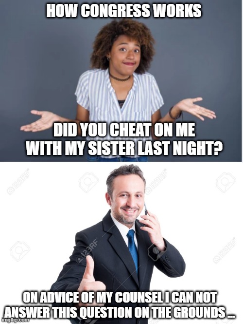 HOW CONGRESS WORKS; DID YOU CHEAT ON ME WITH MY SISTER LAST NIGHT? ON ADVICE OF MY COUNSEL I CAN NOT ANSWER THIS QUESTION ON THE GROUNDS ... | image tagged in government corruption,government | made w/ Imgflip meme maker