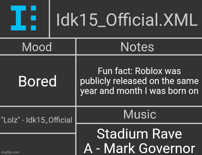 So yes Roblox's public release is as old as I am | Bored; Fun fact: Roblox was publicly released on the same year and month I was born on; Stadium Rave A - Mark Governor | image tagged in idk15_official xml's 2nd revived template | made w/ Imgflip meme maker