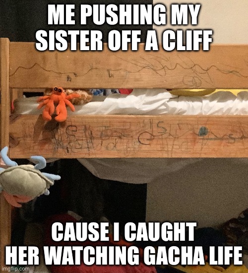 ME PUSHING MY SISTER OFF A CLIFF; CAUSE I CAUGHT HER WATCHING GACHA LIFE | made w/ Imgflip meme maker