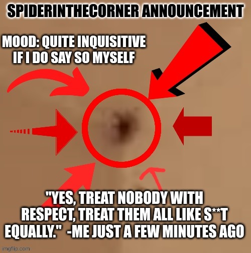 spiderinthecorner announcement | MOOD: QUITE INQUISITIVE IF I DO SAY SO MYSELF; "YES, TREAT NOBODY WITH RESPECT, TREAT THEM ALL LIKE S**T EQUALLY."  -ME JUST A FEW MINUTES AGO | image tagged in spiderinthecorner announcement | made w/ Imgflip meme maker
