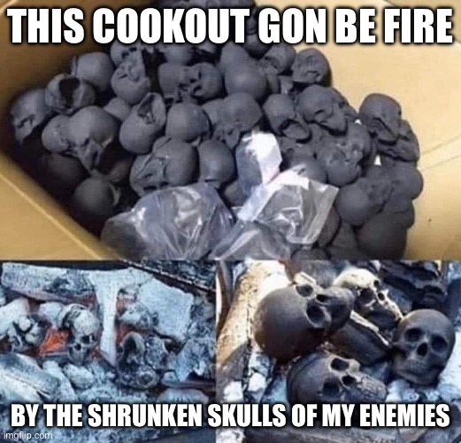 Skull charcoal | THIS COOKOUT GON BE FIRE; BY THE SHRUNKEN SKULLS OF MY ENEMIES | image tagged in cookout,barbecue,fire,skulls | made w/ Imgflip meme maker