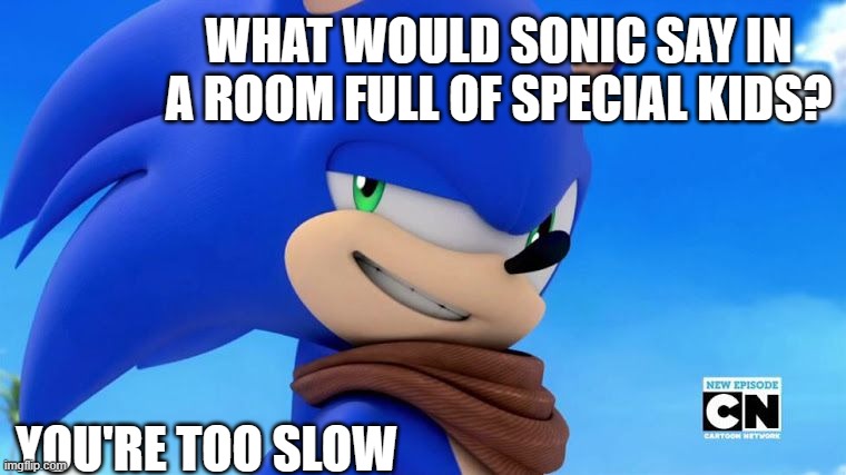 How could you? Too slow | WHAT WOULD SONIC SAY IN A ROOM FULL OF SPECIAL KIDS? YOU'RE TOO SLOW | image tagged in sonic meme | made w/ Imgflip meme maker