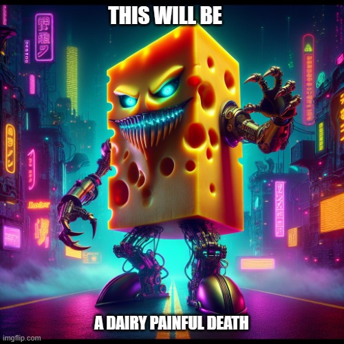 Evil cheese | THIS WILL BE; A DAIRY PAINFUL DEATH | image tagged in evil cheese | made w/ Imgflip meme maker