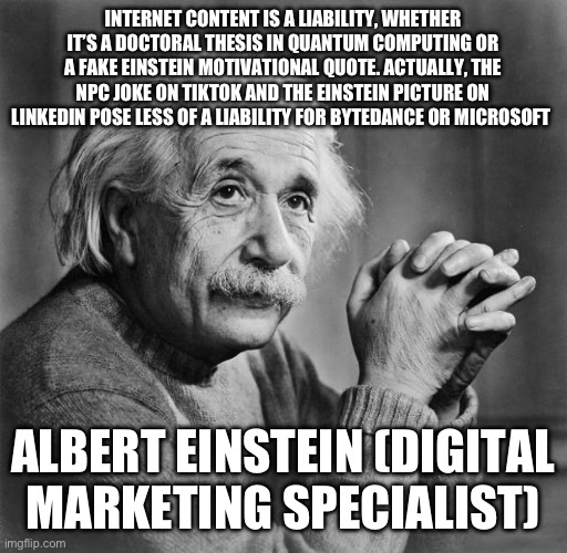 Content Creators | INTERNET CONTENT IS A LIABILITY, WHETHER IT’S A DOCTORAL THESIS IN QUANTUM COMPUTING OR A FAKE EINSTEIN MOTIVATIONAL QUOTE. ACTUALLY, THE NPC JOKE ON TIKTOK AND THE EINSTEIN PICTURE ON LINKEDIN POSE LESS OF A LIABILITY FOR BYTEDANCE OR MICROSOFT; ALBERT EINSTEIN (DIGITAL MARKETING SPECIALIST) | image tagged in einstein | made w/ Imgflip meme maker