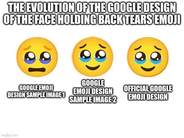 THE EVOLUTION OF THE GOOGLE DESIGN OF THE FACE HOLDING BACK TEARS EMOJI; GOOGLE EMOJI DESIGN SAMPLE IMAGE 1; GOOGLE EMOJI DESIGN SAMPLE IMAGE 2; OFFICIAL GOOGLE EMOJI DESIGN | image tagged in emoji,emojis | made w/ Imgflip meme maker