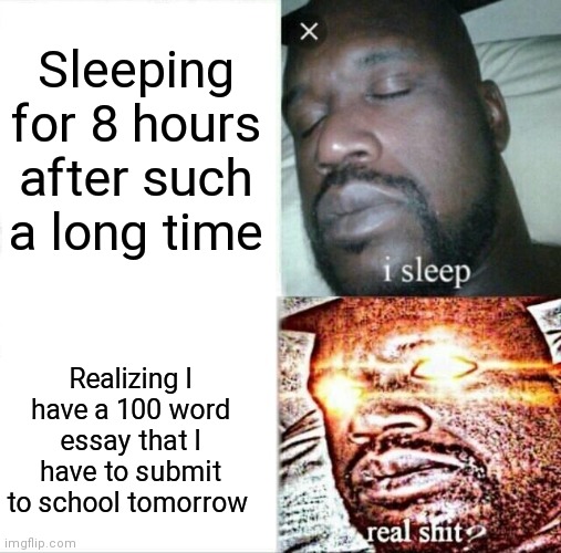 Sleeping Shaq | Sleeping for 8 hours after such a long time; Realizing I have a 100 word essay that I have to submit to school tomorrow | image tagged in memes,sleeping shaq | made w/ Imgflip meme maker