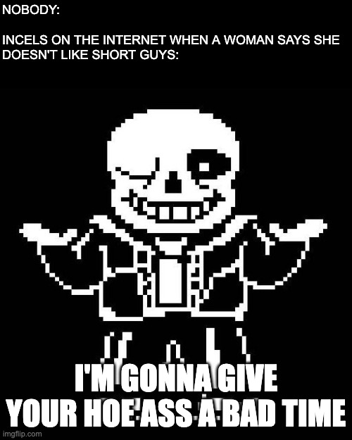 sans undertale | NOBODY:
 
INCELS ON THE INTERNET WHEN A WOMAN SAYS SHE DOESN'T LIKE SHORT GUYS:; I'M GONNA GIVE YOUR HOE ASS A BAD TIME | image tagged in sans undertale,bad time,sans,undertale,women,incel | made w/ Imgflip meme maker