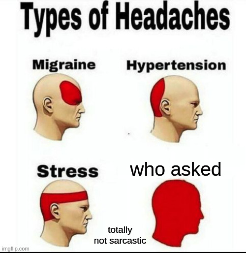 Types of Headaches meme | who asked; totally not sarcastic | image tagged in types of headaches meme | made w/ Imgflip meme maker