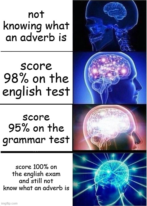 Expanding Brain Meme | not knowing what an adverb is; score 98% on the english test; score 95% on the grammar test; score 100% on the english exam and still not know what an adverb is | image tagged in memes,expanding brain,funny memes | made w/ Imgflip meme maker