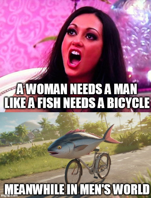 L FOR FEMINISTS | A WOMAN NEEDS A MAN LIKE A FISH NEEDS A BICYCLE; MEANWHILE IN MEN'S WORLD | image tagged in feminist nazi,fish riding bicycle | made w/ Imgflip meme maker