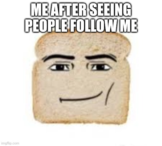 man face bread | ME AFTER SEEING PEOPLE FOLLOW ME | image tagged in man face bread | made w/ Imgflip meme maker