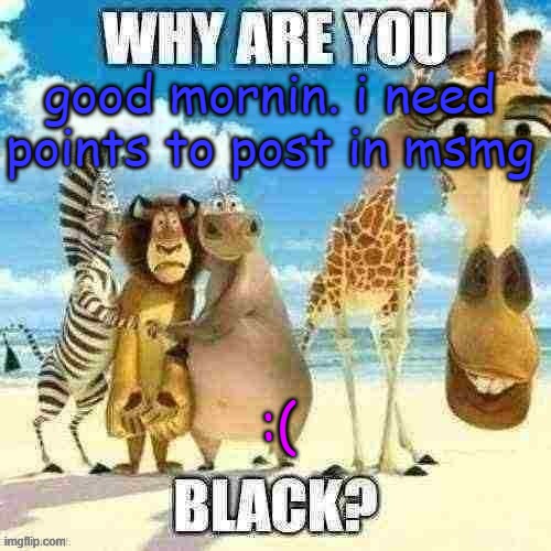 why are you black? | good mornin. i need points to post in msmg; :( | image tagged in why are you black | made w/ Imgflip meme maker