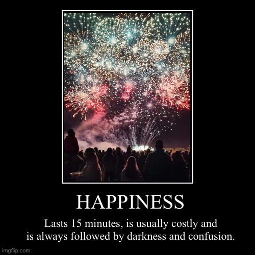 Fireworks | Lasts 15 minutes, is usually costly and is always followed by darkness and confusion. | HAPPINESS | image tagged in funny,demotivationals | made w/ Imgflip demotivational maker