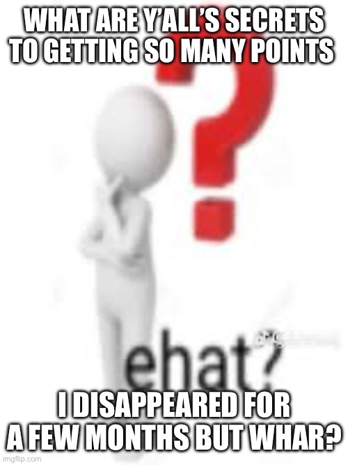 WHAT ARE Y’ALL’S SECRETS TO GETTING SO MANY POINTS; I DISAPPEARED FOR A FEW MONTHS BUT WHAR? | image tagged in ehat | made w/ Imgflip meme maker