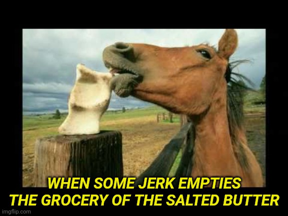 Unsalted butter | WHEN SOME JERK EMPTIES THE GROCERY OF THE SALTED BUTTER | image tagged in salt lick | made w/ Imgflip meme maker