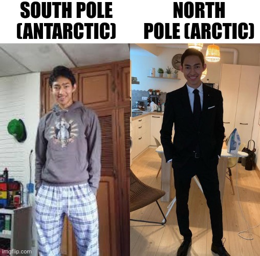 North Pole is slick | SOUTH POLE (ANTARCTIC); NORTH POLE (ARCTIC) | image tagged in fernanfloo dresses up | made w/ Imgflip meme maker