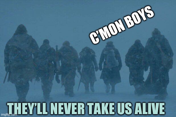 Game of thrones white walkers | C’MON BOYS THEY’LL NEVER TAKE US ALIVE | image tagged in game of thrones white walkers | made w/ Imgflip meme maker