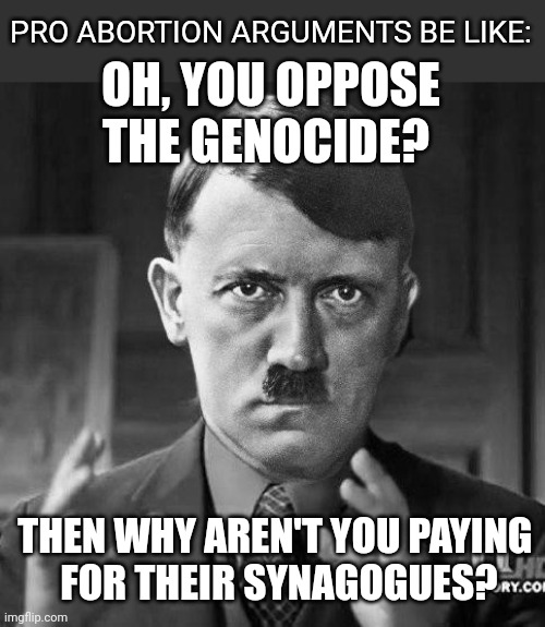 Logic. We love it. | PRO ABORTION ARGUMENTS BE LIKE:; OH, YOU OPPOSE THE GENOCIDE? THEN WHY AREN'T YOU PAYING 
FOR THEIR SYNAGOGUES? | image tagged in adolf hitler aliens | made w/ Imgflip meme maker