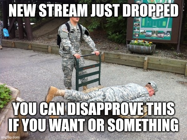 Link is in the comments. | NEW STREAM JUST DROPPED; YOU CAN DISAPPROVE THIS IF YOU WANT OR SOMETHING | image tagged in the floor is re-enlistment | made w/ Imgflip meme maker