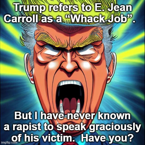 Trump the Rapist-in-Chief | Trump refers to E. Jean Carroll as a “Whack Job”. But I have never known a rapist to speak graciously of his victim.  Have you? | image tagged in nevertrump,never again,maga,donald trump,trump,sexual assault | made w/ Imgflip meme maker