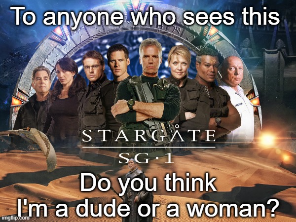 (I want to do a face reveal sometime this year, not sure.) | To anyone who sees this; Do you think I'm a dude or a woman? | image tagged in stargate,questions | made w/ Imgflip meme maker