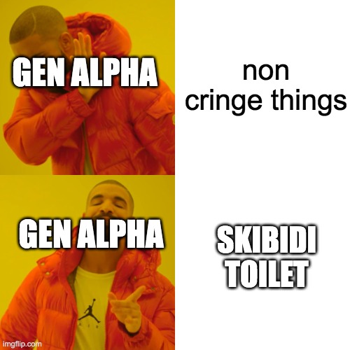 Drake Hotline Bling Meme | non cringe things; GEN ALPHA; GEN ALPHA; SKIBIDI TOILET | image tagged in memes,drake hotline bling | made w/ Imgflip meme maker