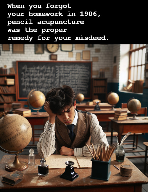 Schooling the Good Old Days | When you forgot your homework in 1906,
pencil acupuncture was the proper remedy for your misdeed. | image tagged in memes,middle school,homework | made w/ Imgflip meme maker