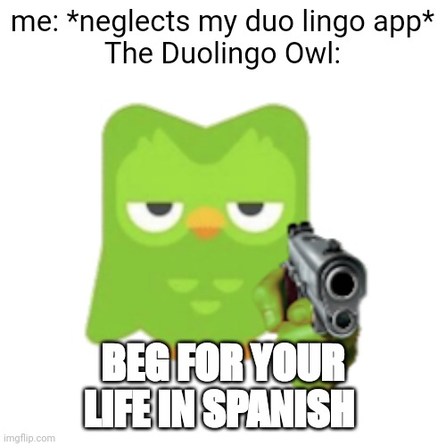 Duo has a gun 2019 | me: *neglects my duo lingo app*

The Duolingo Owl:; BEG FOR YOUR LIFE IN SPANISH | image tagged in duolingo,life lessons,duolingo gun,duolingo bird | made w/ Imgflip meme maker