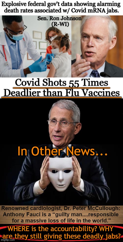 Questions That Need to be Answered... | _______________; ___________________; In Other News... Renowned cardiologist, Dr. Peter McCullough: 
Anthony Fauci is a “guilty man....responsible 
for a massive loss of life in the world.”; WHERE is the accountability? WHY 
are they still giving these deadly jabs? | image tagged in politics,covid vaccine,side effects,dr fauci,medical malpractice,death | made w/ Imgflip meme maker
