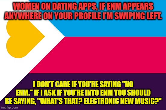 No ENM | WOMEN ON DATING APPS, IF ENM APPEARS ANYWHERE ON YOUR PROFILE I'M SWIPING LEFT. I DON'T CARE IF YOU'RE SAYING "NO ENM." IF I ASK IF YOU'RE INTO ENM YOU SHOULD BE SAYING, "WHAT'S THAT? ELECTRONIC NEW MUSIC?" | image tagged in polyamorous flag,enm,mentally ill | made w/ Imgflip meme maker