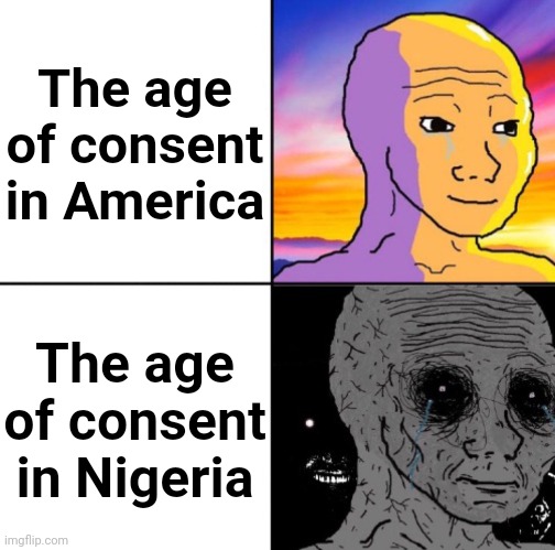 Don't look it up | The age of consent in America; The age of consent in Nigeria | image tagged in calm wojack and scary wojack | made w/ Imgflip meme maker