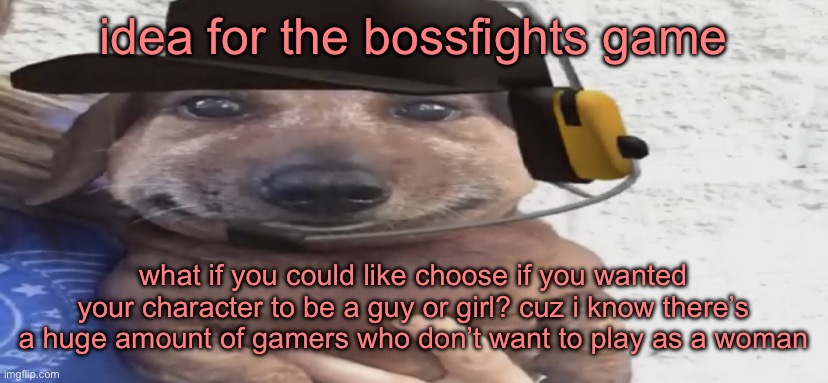 chucklenuts | idea for the bossfights game; what if you could like choose if you wanted your character to be a guy or girl? cuz i know there’s a huge amount of gamers who don’t want to play as a woman | image tagged in chucklenuts | made w/ Imgflip meme maker