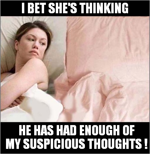 Why She Now Sleeps Alone ! | I BET SHE'S THINKING; HE HAS HAD ENOUGH OF
MY SUSPICIOUS THOUGHTS ! | image tagged in i bet he's thinking about other women,forever alone,dark humour | made w/ Imgflip meme maker