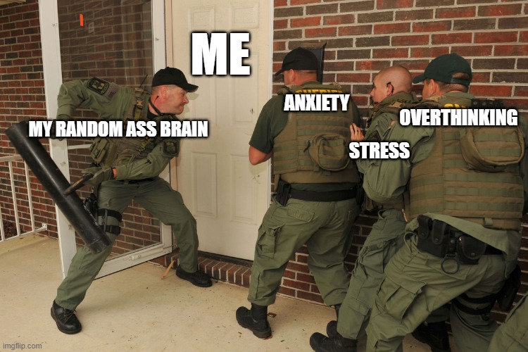 Lol | ME; ANXIETY; OVERTHINKING; MY RANDOM ASS BRAIN; STRESS | image tagged in swat batter,stress,anxiety,overthinking,introvert,mental health | made w/ Imgflip meme maker