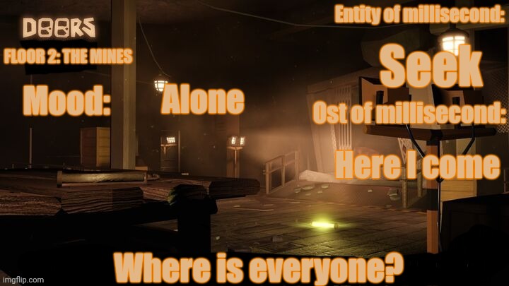 Your-local-Doors-Fan announcement temp | Seek; Alone; Here I come; Where is everyone? | image tagged in midnight's announcement temp | made w/ Imgflip meme maker