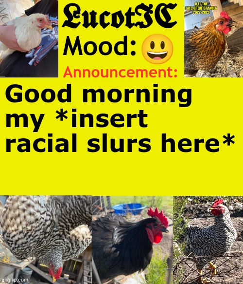 . | 😃; Good morning my *insert racial slurs here* | image tagged in lucotic's cocks announcement template | made w/ Imgflip meme maker