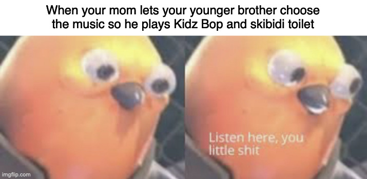Younger sibings should not have access to the car stereo | When your mom lets your younger brother choose the music so he plays Kidz Bop and skibidi toilet | image tagged in listen here you little shit bird,funny,memes | made w/ Imgflip meme maker