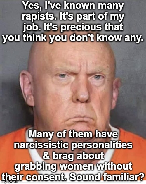 Jailbird Trump | Yes, I've known many rapists. It's part of my job. It's precious that you think you don't know any. Many of them have narcissistic personali | image tagged in jailbird trump | made w/ Imgflip meme maker
