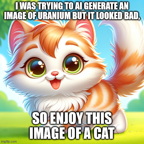 idfk | I WAS TRYING TO AI GENERATE AN IMAGE OF URANIUM BUT IT LOOKED BAD, SO ENJOY THIS IMAGE OF A CAT | image tagged in cute cat | made w/ Imgflip meme maker