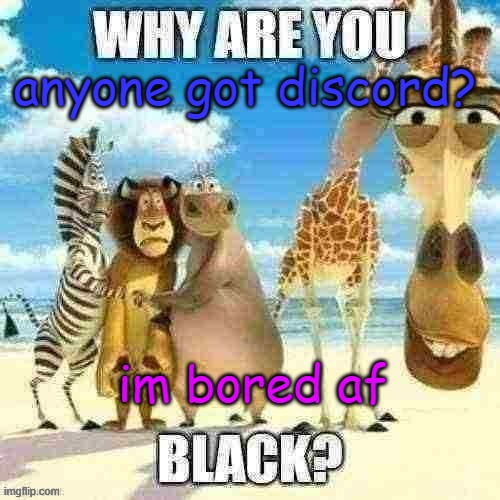 why are you black? | anyone got discord? im bored af | image tagged in why are you black | made w/ Imgflip meme maker