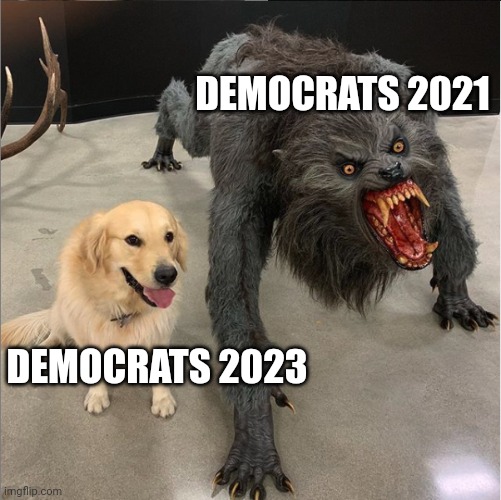 Remember vac passports? | DEMOCRATS 2021; DEMOCRATS 2023 | image tagged in dog vs werewolf,democrats,election,tyranny,memories | made w/ Imgflip meme maker