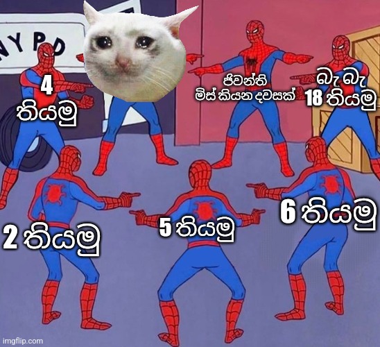 Spiderman multiple | බැ බැ 18 තියමු; ජිවන්ති මිස් කියන දවසක්; 4 තියමු; 6 තියමු; 5 තියමු; 2 තියමු | image tagged in spiderman multiple | made w/ Imgflip meme maker