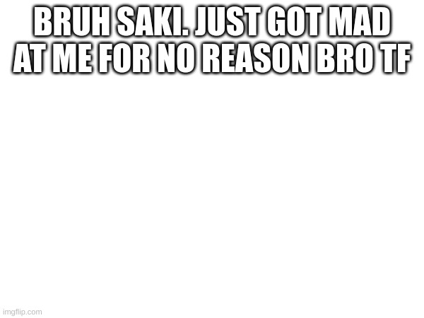 tf | BRUH SAKI. JUST GOT MAD AT ME FOR NO REASON BRO TF | image tagged in memes,lol | made w/ Imgflip meme maker