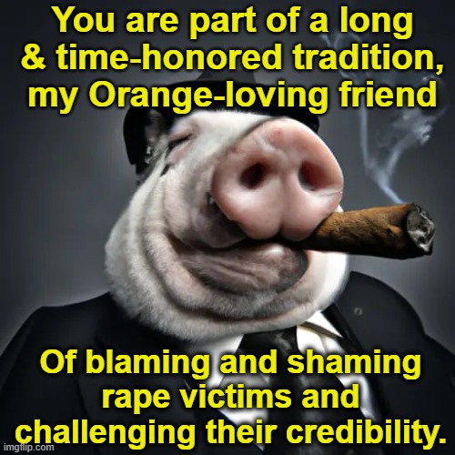 You are part of a long & time-honored tradition, my Orange-loving friend Of blaming and shaming rape victims and challenging their credibili | made w/ Imgflip meme maker