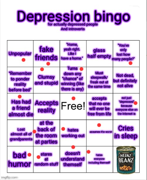 Depressed and introvert bingo | image tagged in depressed and introvert bingo | made w/ Imgflip meme maker